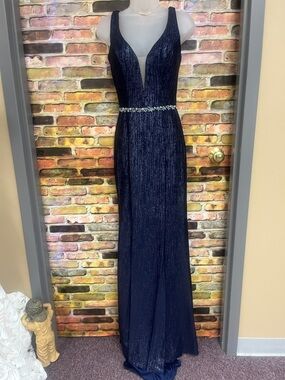 Navy Plunging V-Neck Prom Gown with Crystal Waist